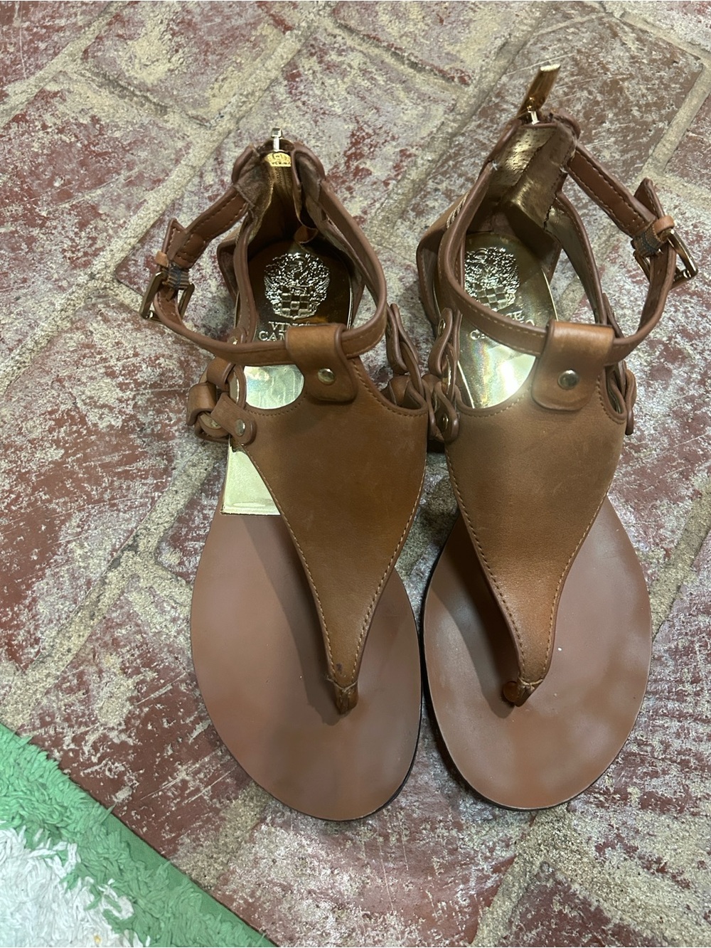 Vince Camuto Brown Leather T-Strap Sandals with Ankle Buckle